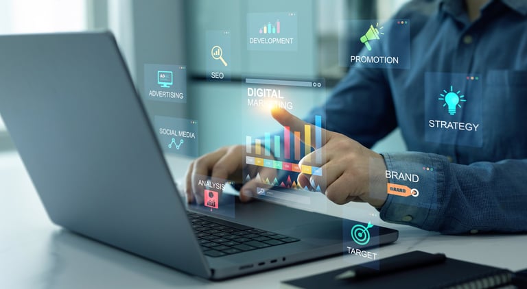 Digital marketing development and goals strategy with social media, email, website channels